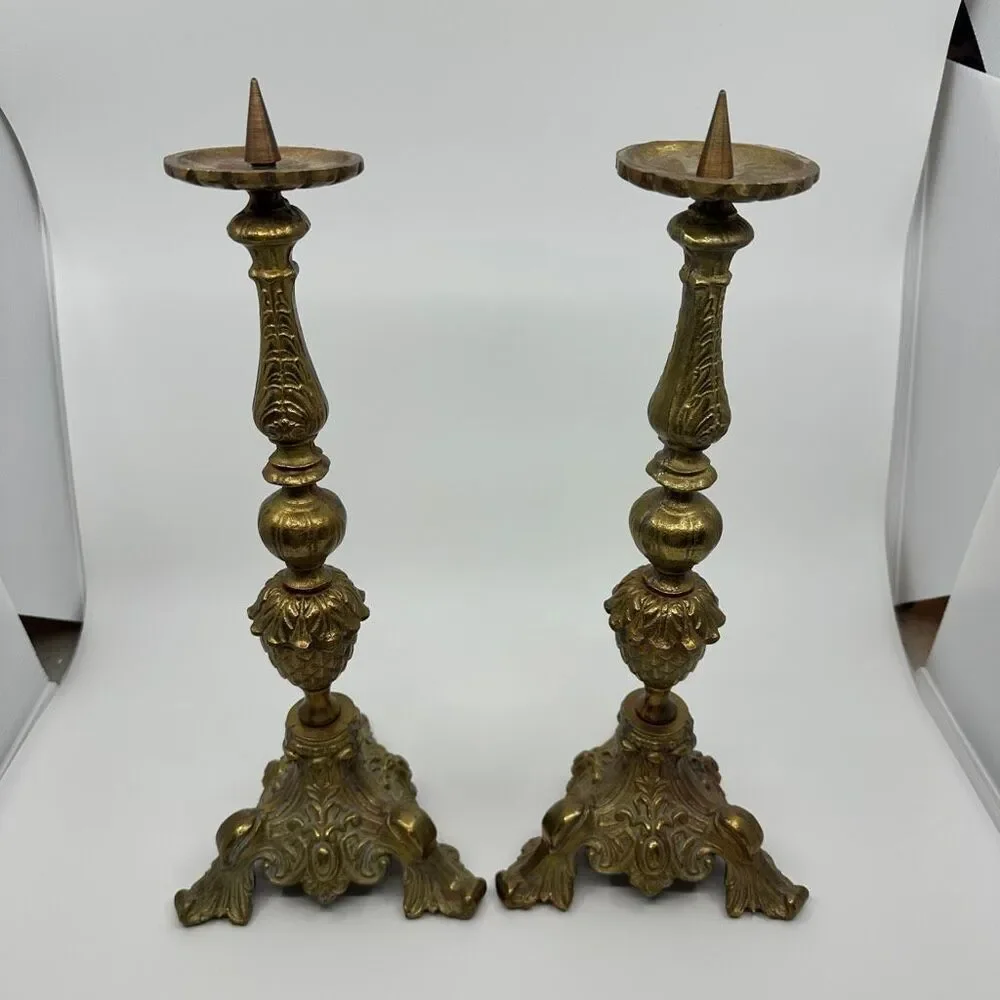 Ornate Brass Alter Candlesticks Pair